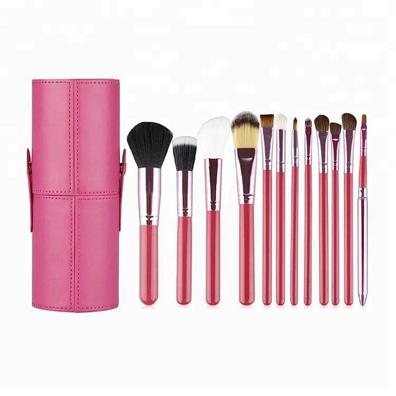 Rose Red 12pcs Makeup Brush Set With Roller Bag