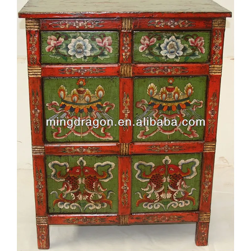 Chinese antique furniture, Two drawer Two door Tibetan Hand Painting Cabinet