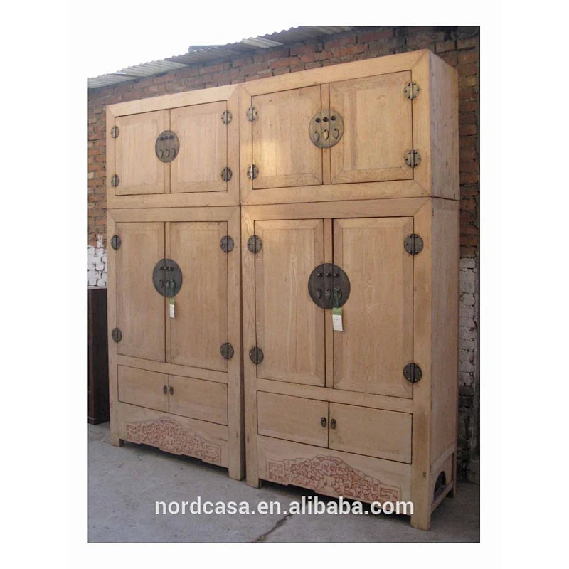 Antique chinese wooden bedroom natural color furniture wardrobe