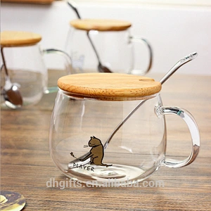 High Quality Glass Reusable Coffee Cup with Lid and Stainless Steel Spoon