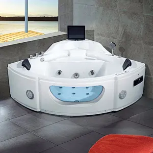 Hot selling fanshaped corner bathtub two person massage hot tub with tv