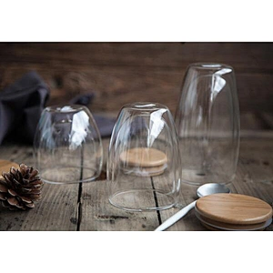 Double Layer Wall Clear Glass Tea Cup + Bamboo Lid heat resistant Coffee Milk Thermal Insulation Mug