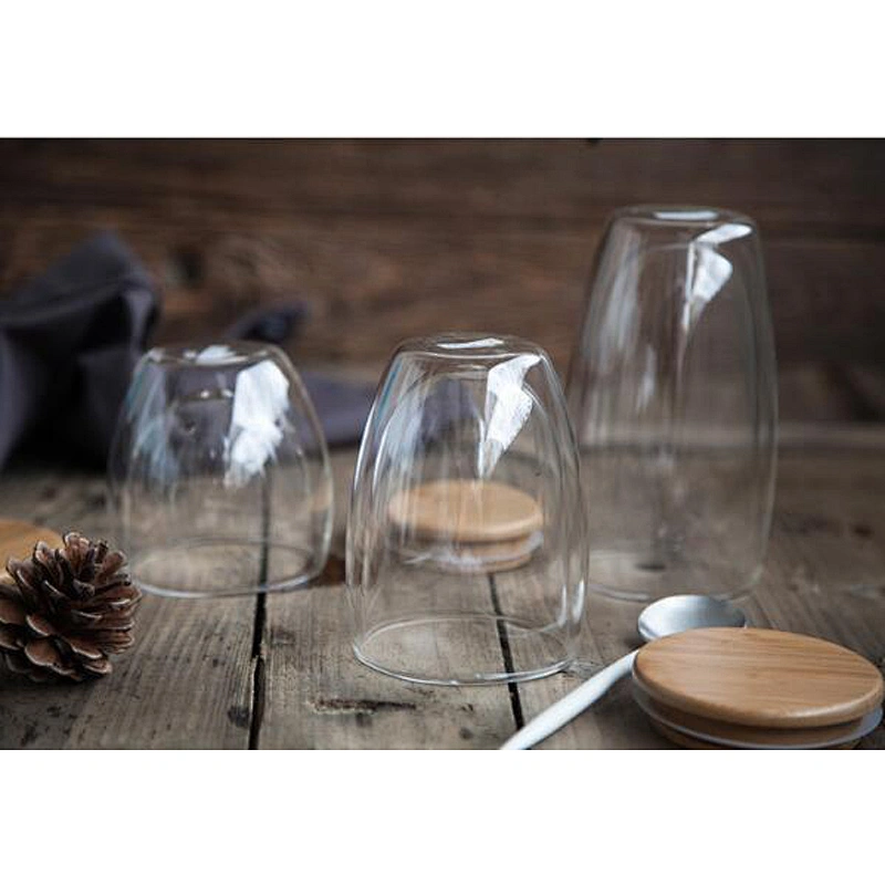 Double Layer Wall Clear Glass Tea Cup + Bamboo Lid heat resistant Coffee Milk Thermal Insulation Mug