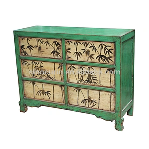 Chinese antique style furniture reclaimed solid wood 6 drawer painted cabinet