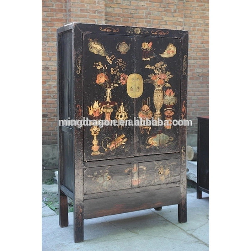 antique wood furniture lacquered black with painting old Wardrobe