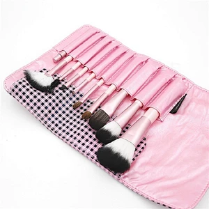 Customized Logo Pink 10pcs Makeup Brush Set With Plaid Makeup Bag Foundation Powder Makeup Brush Eye Shadow Eyebrow Lip Brush