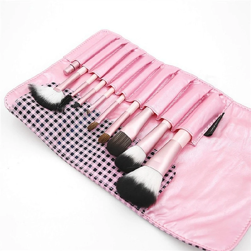 Customized Logo Pink 10pcs Makeup Brush Set With Plaid Makeup Bag Foundation Powder Makeup Brush Eye Shadow Eyebrow Lip Brush
