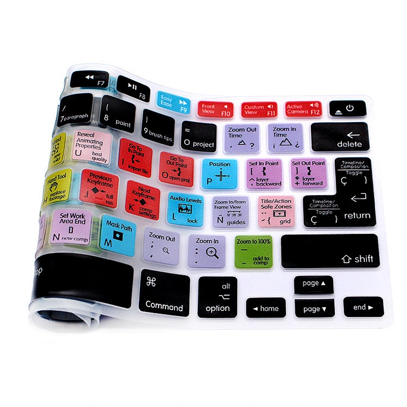 China shortcuts keyboard skin After Effects Functional Spanish silicone key cover For macbook pro 15 inch keyboard