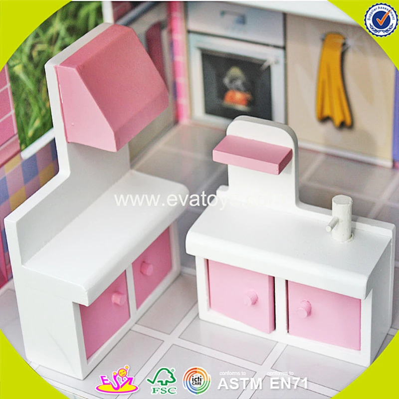 2018 Wholesale pink wooden dollhouse kits top fashion girls wooden dollhouse kits cheap kid wooden dollhouse kits W06A139