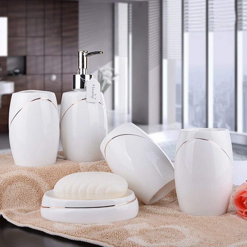 5 Pieces of Ceramic Bathroom Accessories Set Factory Directly Promotional Bathroom Toothbrush Cup Set Gold Line
