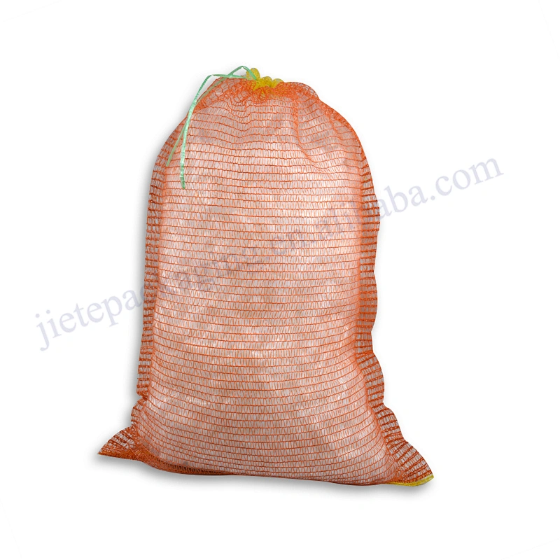 Orange plastic drawstring raschel mesh bag for packaging onions,cabbages,potatoes,garlic