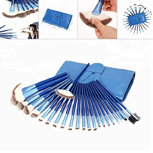 Wood Handle Synthetic Hair Blue 24pcs Cosmetic Makeup Brush Set With Roller Makeup Bag