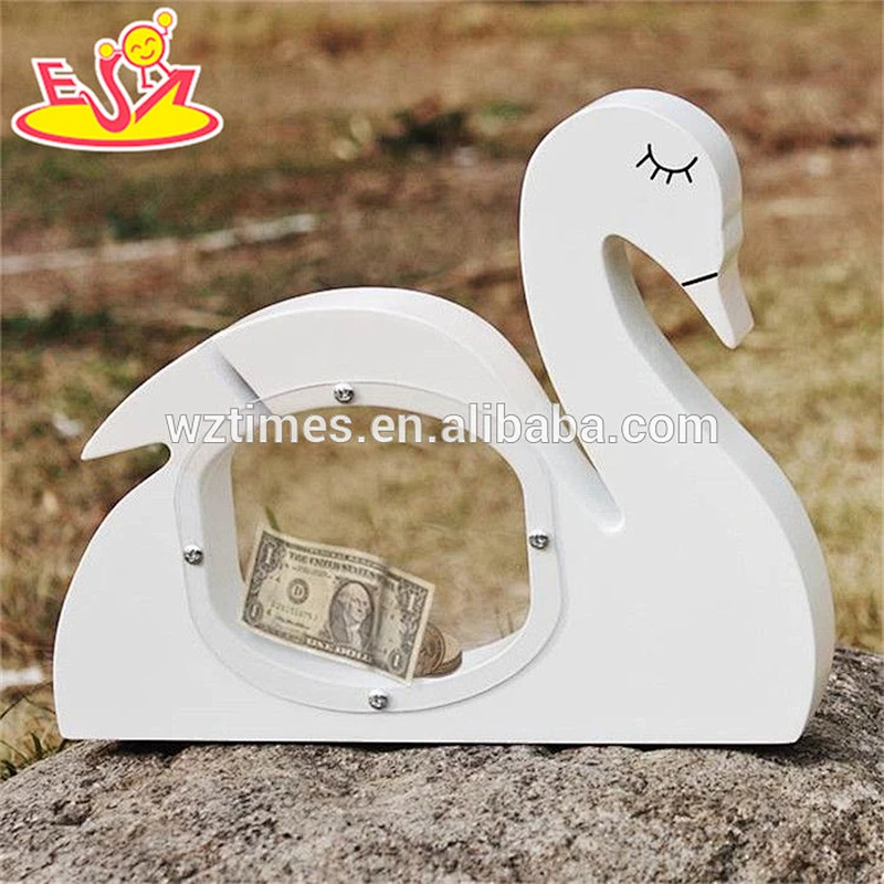 wholesale white swan design wooden small money box for kids W02A256