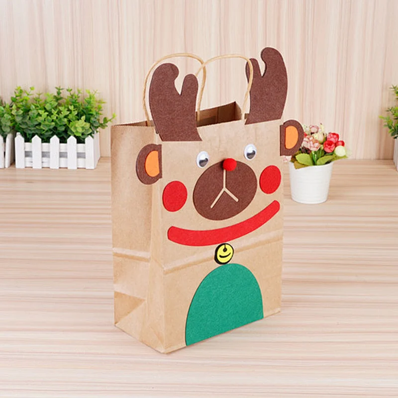 Custom Handle Gift Shopping Packaging DIY Craft Paper Carry Bags Manufacturer with Christmas elk sticker