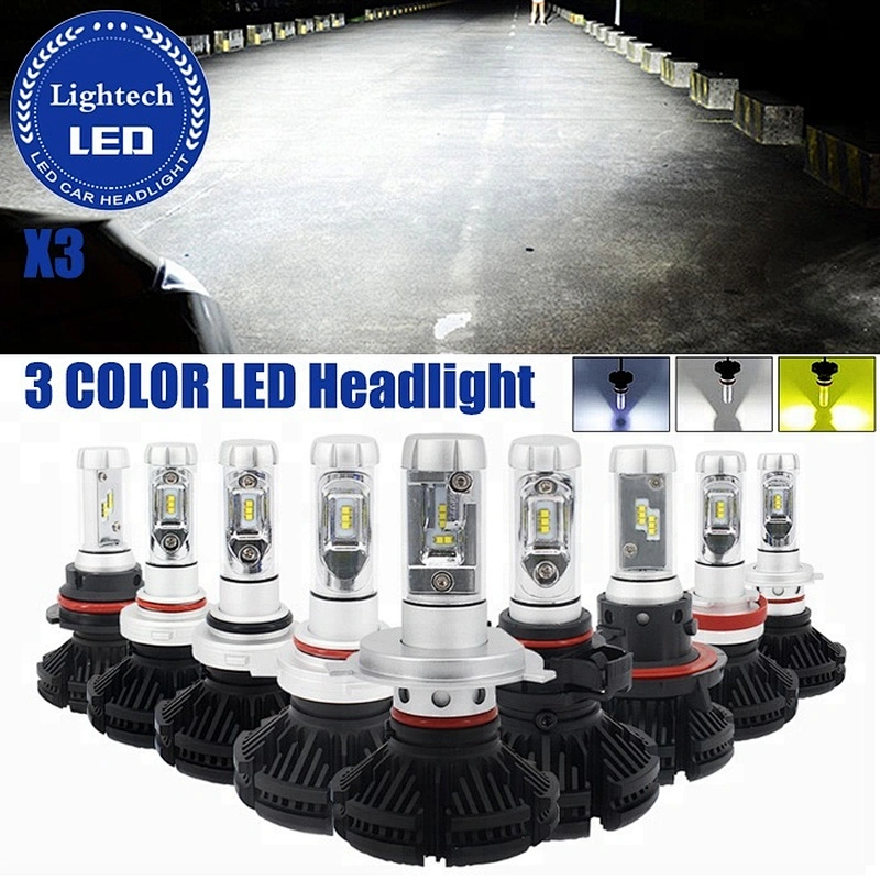 3 color X3 50W Fanless Auto Car Light H7 HB2 9008 H4 H11 H16 9004 9007 9005 9006 H1 H3 HB3 HB4 ZES LED Headlight Bulb Kit