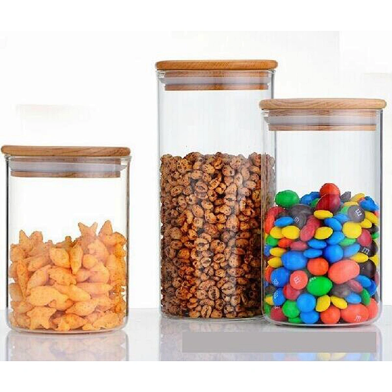 Cheap borosilicate sealed glass jar storage with wood lid for food