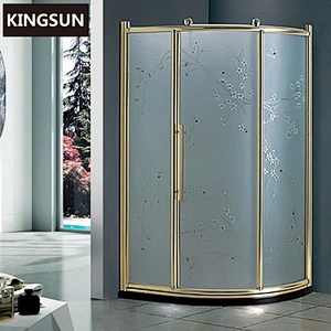 K-7907 Luxury Design Golden Frame Flower Pattern Ground Glass Corner Bath Shower Enclosure