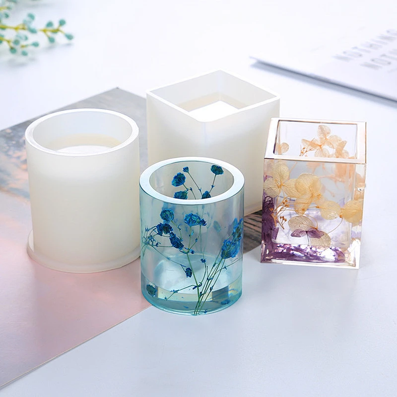 Round Mirror Pen Holder Silicone Mold DIY Dried square Flower Crystal Epoxy Flower Pot Pen Insert Concrete Storage Molds