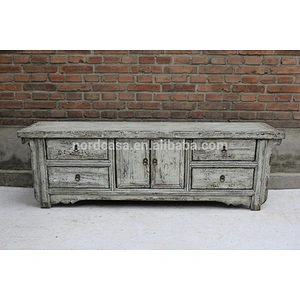 chinese antique reproduction furniture two door four drawer old pine made Blue White Green TV cabinet