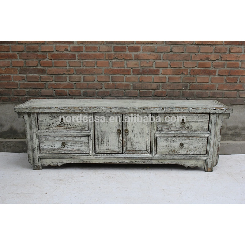 chinese antique reproduction furniture two door four drawer old pine made Blue White Green TV cabinet