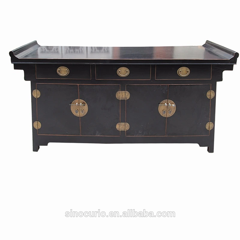 Antique oriental reclaimed wood black lacquered luxury replica sideboard cupboard