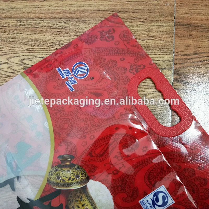 Customized transparent vacuum rice bags with plastic handle for snack,food,flour,sugar,salt