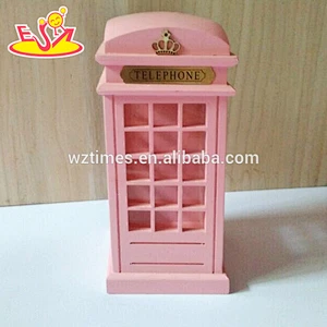 Wholesale beautiful wooden brown coin bank telephone booth shape wooden brown coin bank W02A274