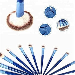 Wood Handle Synthetic Hair Blue 24pcs Cosmetic Makeup Brush Set With Roller Makeup Bag
