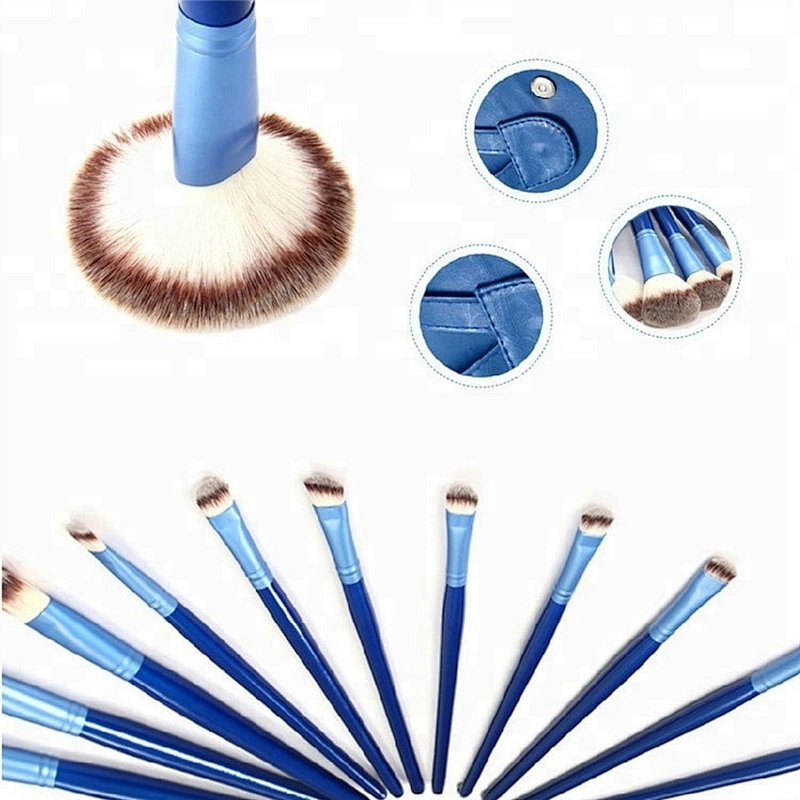 Wood Handle Synthetic Hair Blue 24pcs Cosmetic Makeup Brush Set With Roller Makeup Bag