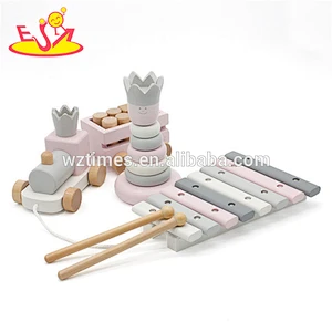 Wholesale pretty wooden educational toy contains of wooden xylophone toy&stacking blocks and pull train toy for kids W12F031