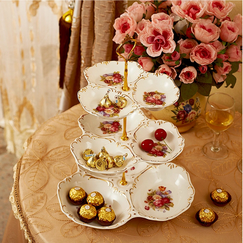European Ceramic three layers of fruit plate three continuous with gold crown