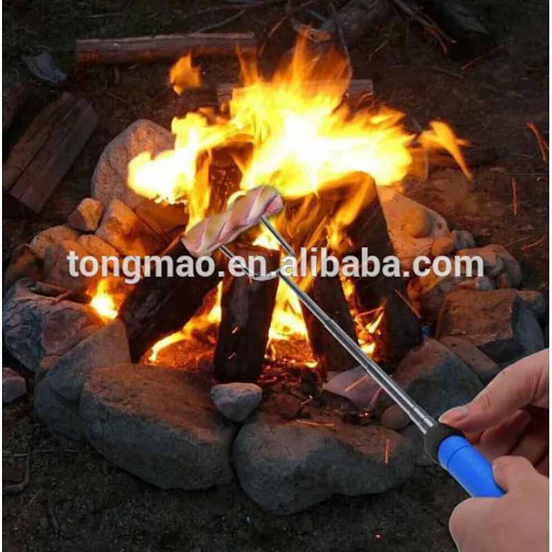 34 inch Customized wooden handle telescopic marshmallow roasting BBQ fork with canvans pouch for camping