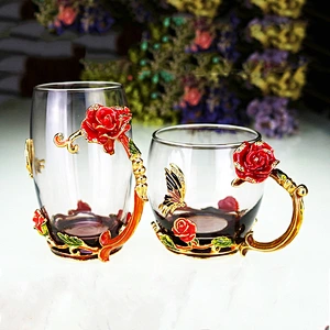 Fancy design enamel rose glass cup with spoon sets 320ml/350ml for gift box package