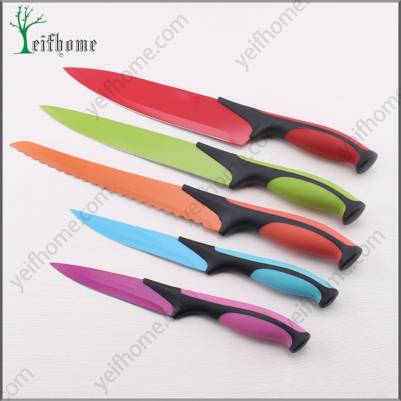 Factory supply colorful soft handle 5 pcs non-stick coating knife set