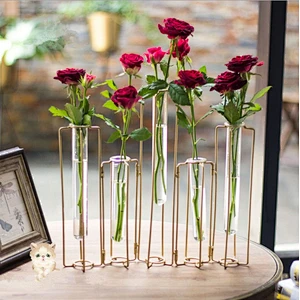 Modern simple Borosilicate Glass Tuble Vase With Metal Holder Hydroponics Glass Container Flower arrangement container