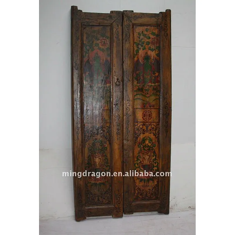 Old Chinese Antique Tibet Elm Hand Painted Doors