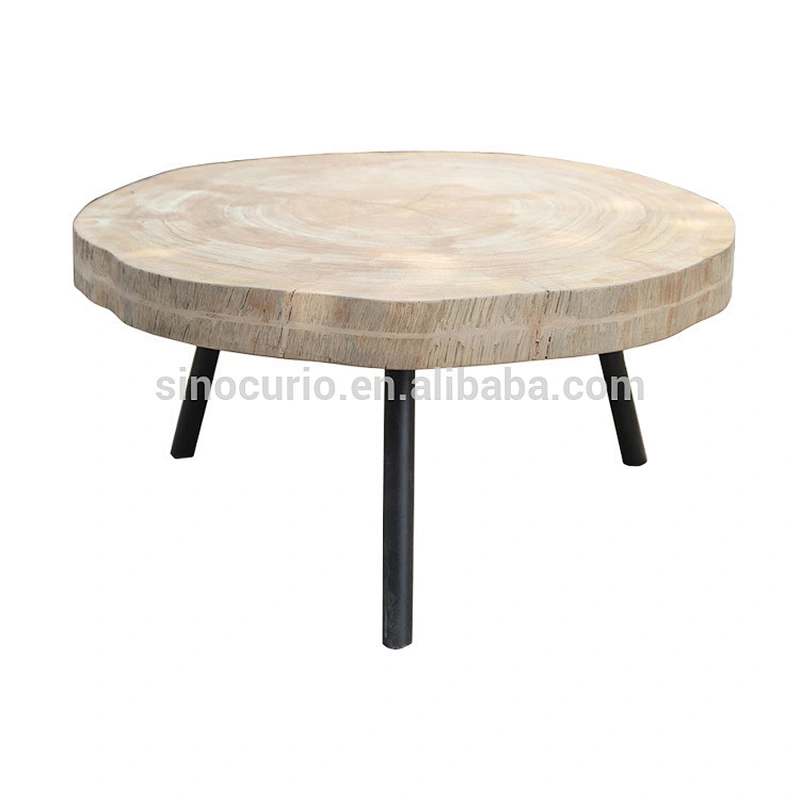 wholesale furniture china antique rustic iron leg wood slab round coffee table