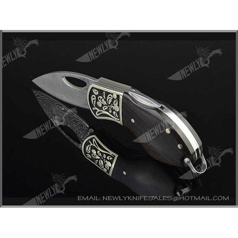 Damascus Steel Collection Folding Pocket Knife With Ebony Handle
