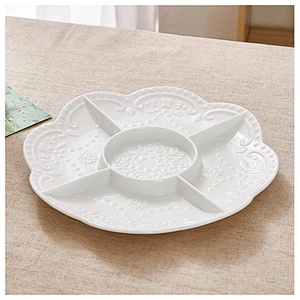 Simple Style Ceramic Dish White Lace Fruit Plate Snack Dish Customized Logo Porcelain Tableware Plate