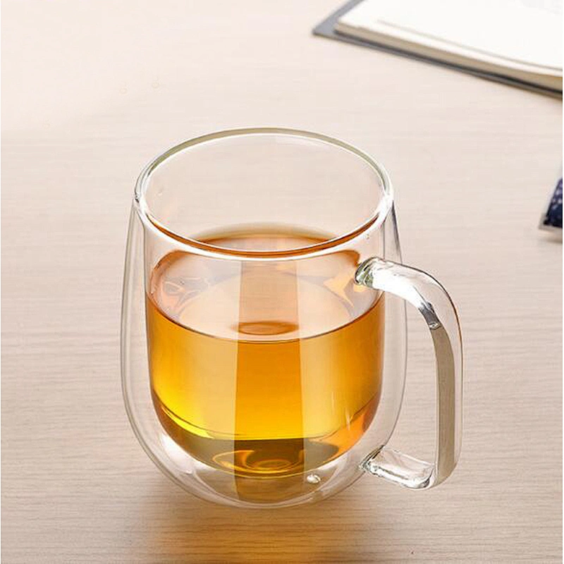 New Design Double Wall Glass Coffee Cup Creative Big Tummy Glass Mug Customized Logo Water Cup with Handle 350 ml