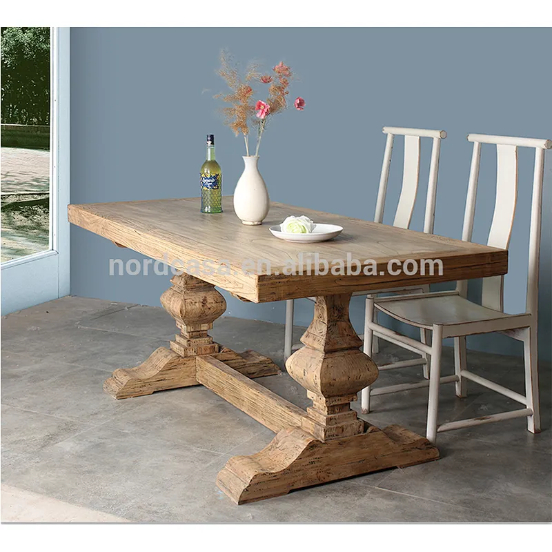 Vintage wood dining table carved square old pine table