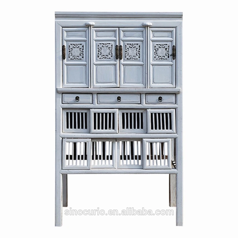 Chinese style antique white carving kitchen cabinet