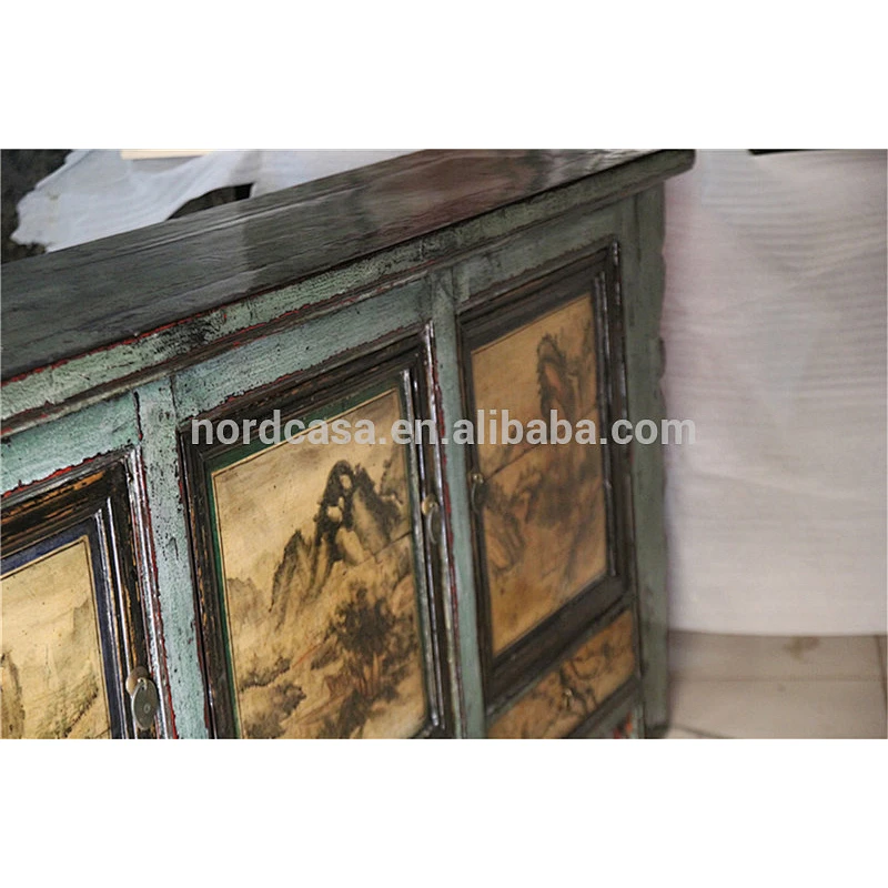 Shiny Old Three Door cabinet chinese sideboard antique light blue frame high glossy asian used furniture cabinet