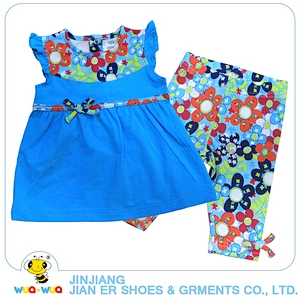 Factory price flower printing summer short sleeve children girls clothes set