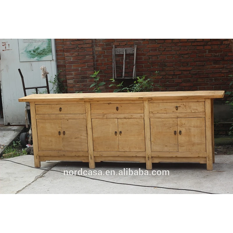 Antique reproduction natural raw sideboard buffet cabinet