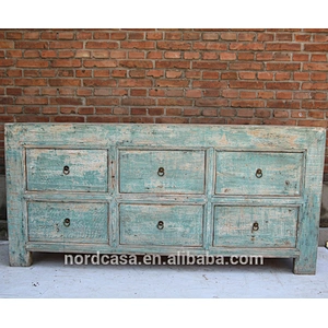 chinese antique reclaimed wood 6 drawers blue sideboard