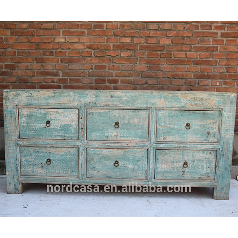 chinese antique reclaimed wood 6 drawers blue sideboard