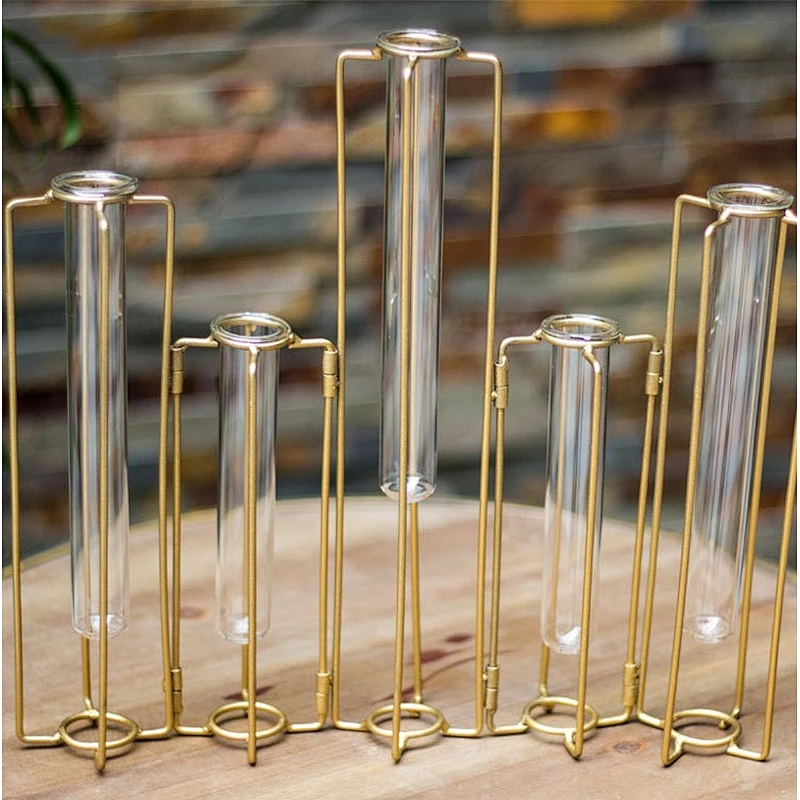 Modern simple Borosilicate Glass Tuble Vase With Metal Holder Hydroponics Glass Container Flower arrangement container