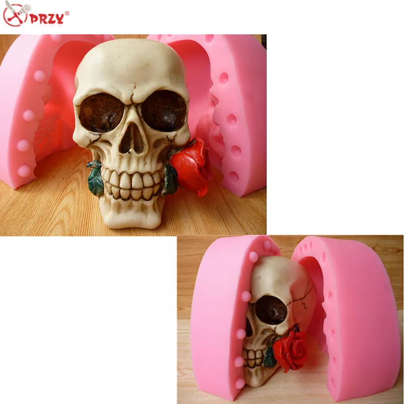 2017 New Halloween 3d Skull silicone skull rose mould head with pink cake Fondant cake mold Silicone handmade soap Molds