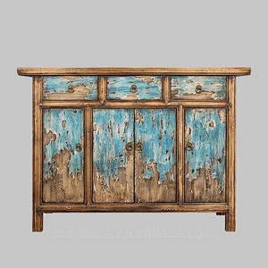 recycle pine wood three drawer four door blue chinese antique style side table